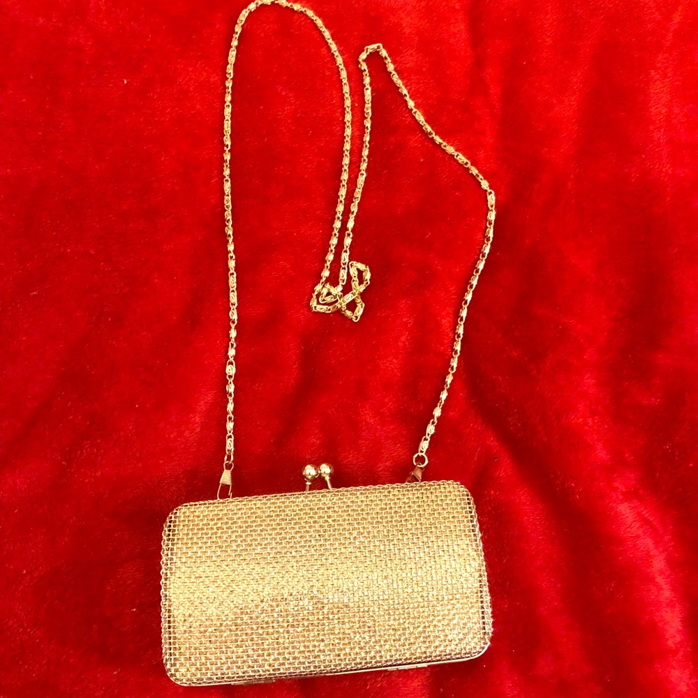 Gold Glitter Box Clutch Crossbody w/Chain Strap